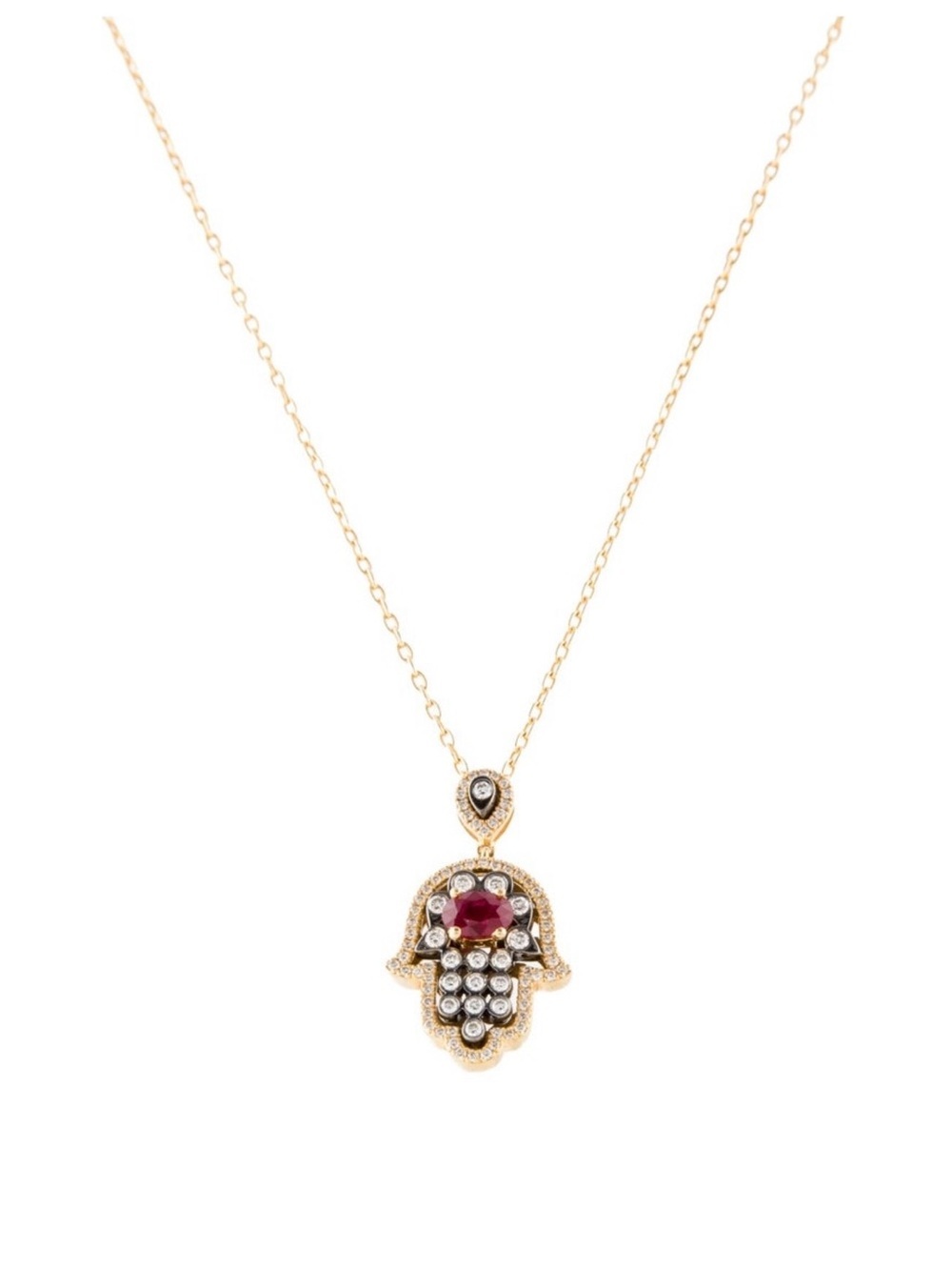 18K Gold Ruby & Diamond Hamsa Pendant Necklace